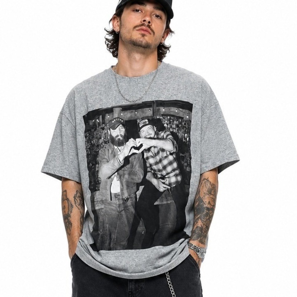 Post Malone Morgan Wallen Grey Graphic T-Shirt | Gildan Heavy Cotton | Large